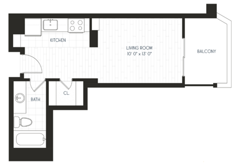 Floor plan for studio, 1 bath, 369 sqft